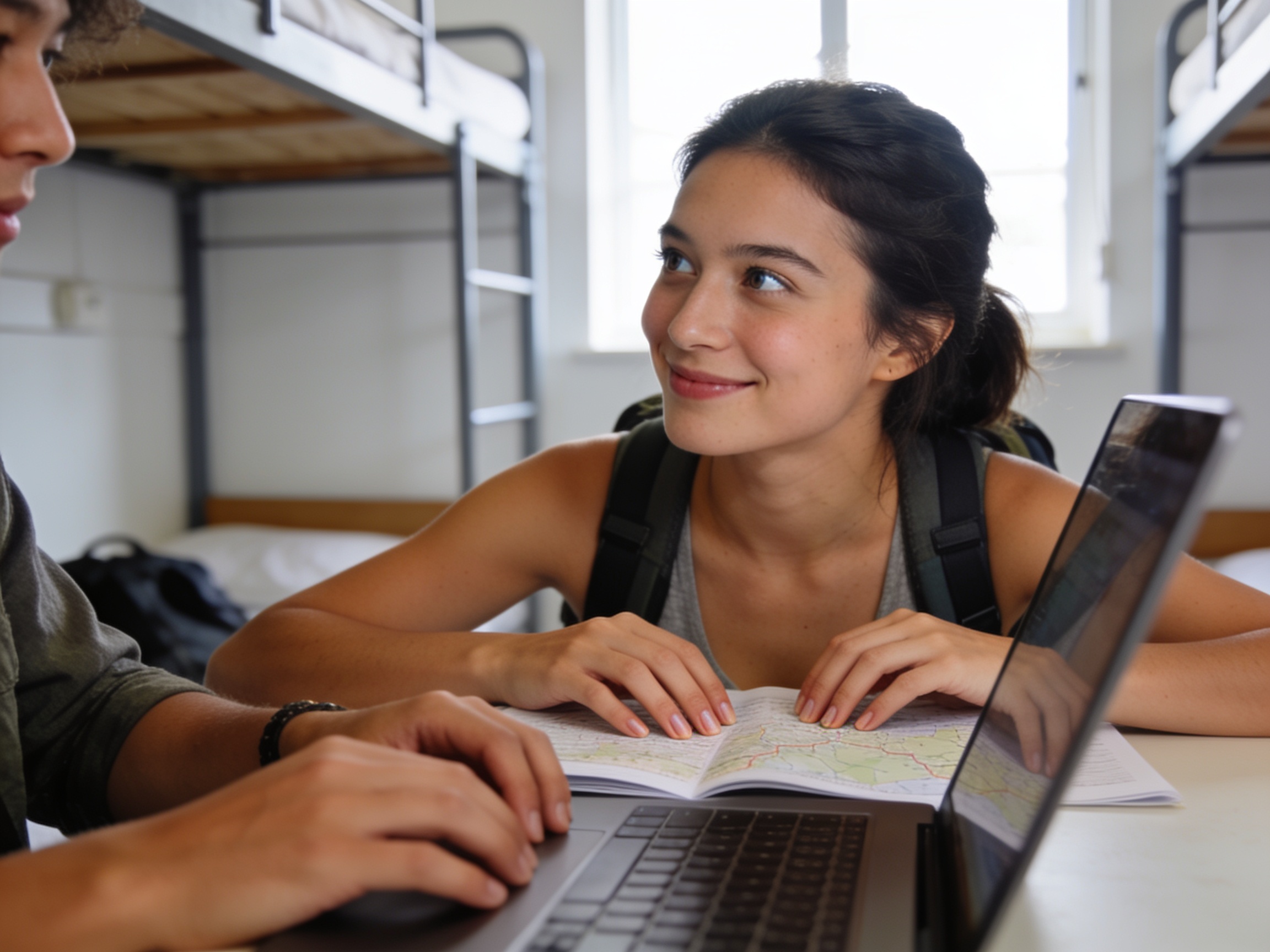 Travel blogger merencanakan rute menggunakan laptop di area bersama hostel yang terang