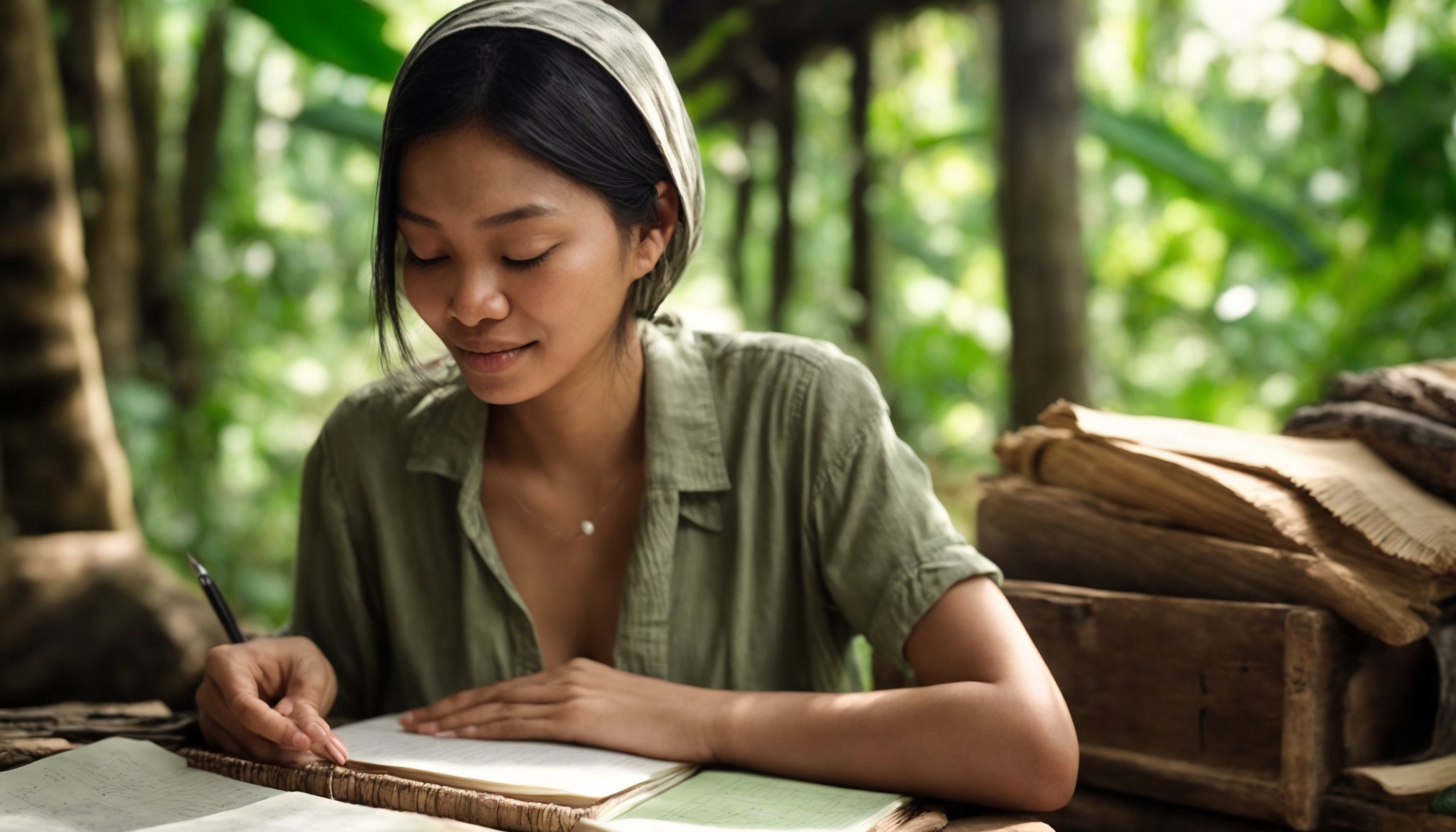Penjelajah alam menulis jurnal perjalanan di depan hutan tropis hijau sebagai destinasi wisata hijau terbaik