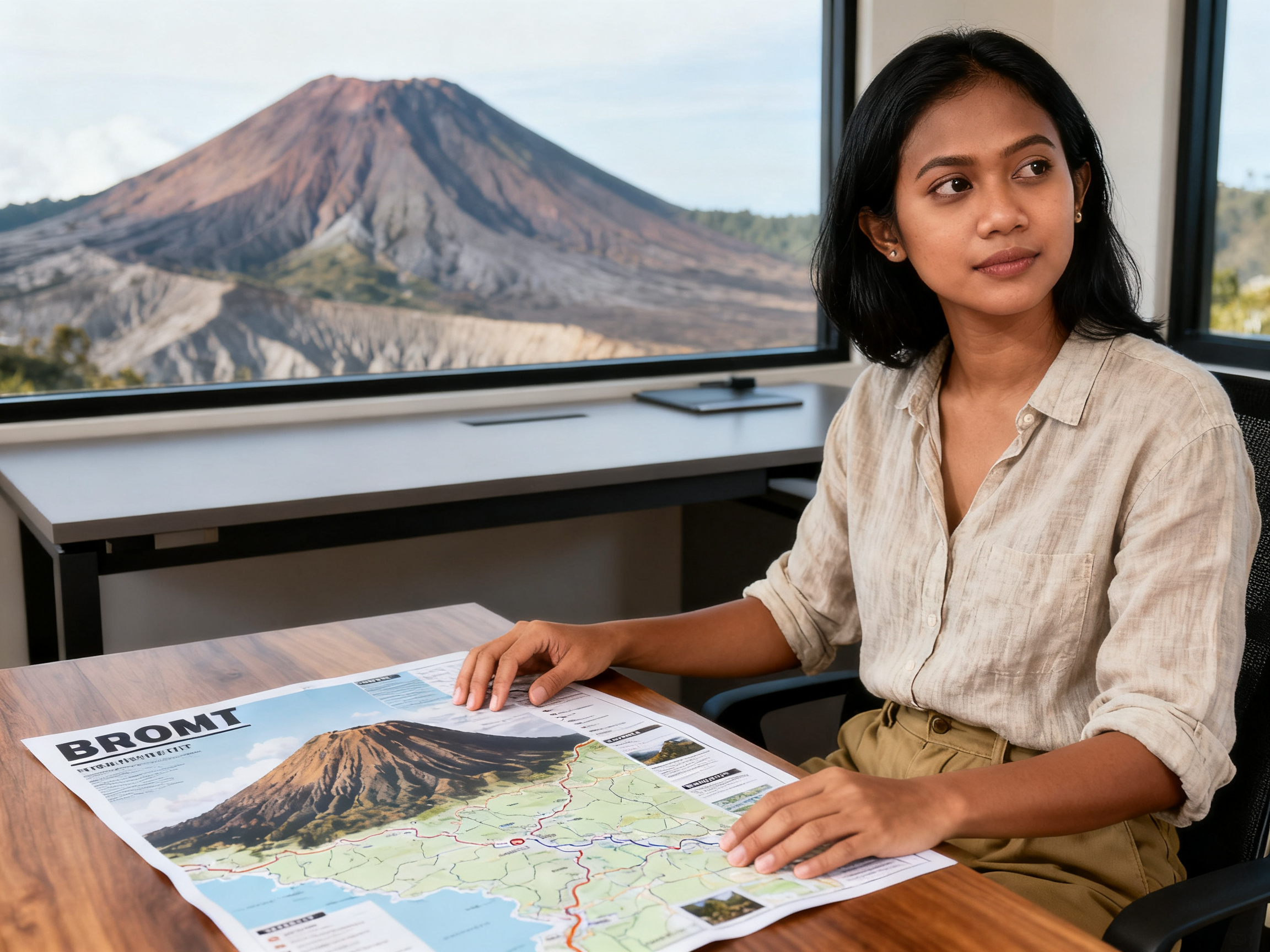 tips praktis blog perjalanan menampilkan wanita Indonesia memeriksa peta rute trekking Bromo